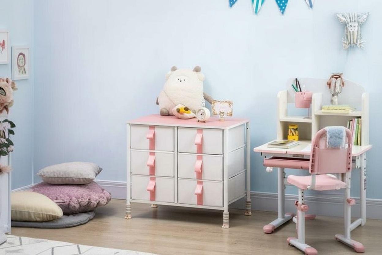 Contemporary 6-Drawer Pink Fabric Bedroom Dresser - Metal Frame, Compact Storage Solution