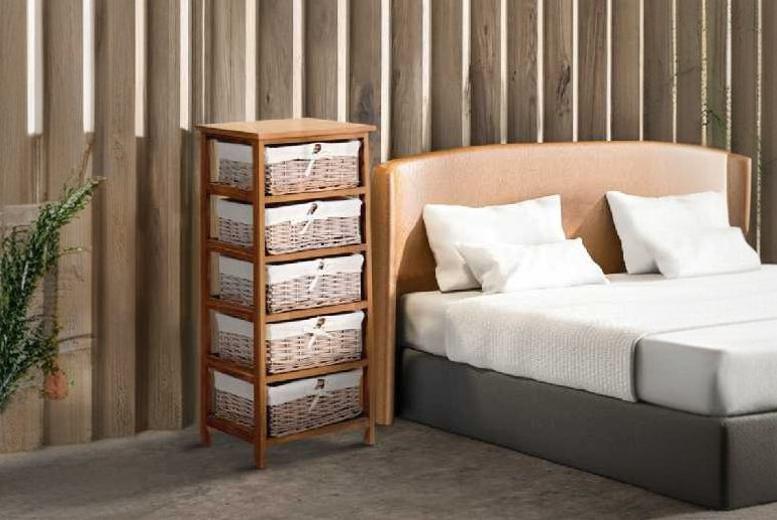 Chic Wooden Wicker 5-Drawer Bedroom Storage Chest - Slim Space-Saving Unit, Removable Drawers