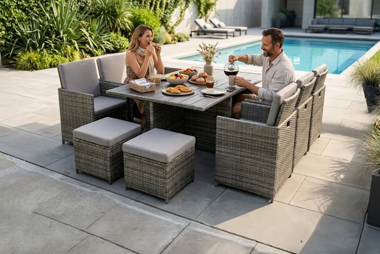Hestia Deluxe Rattan 10-Seater Cube Dining Set With Wooden Tabletop