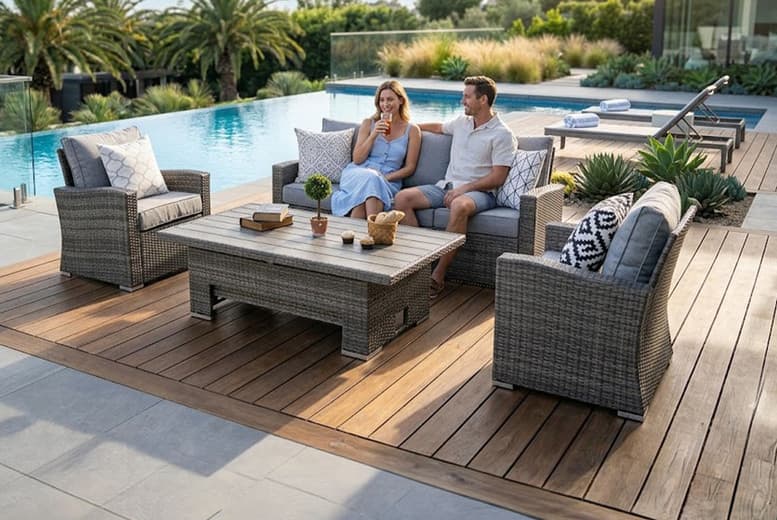 Luxury Grey Rattan 5-Seater Sofa Set With Adjustable Dining Table