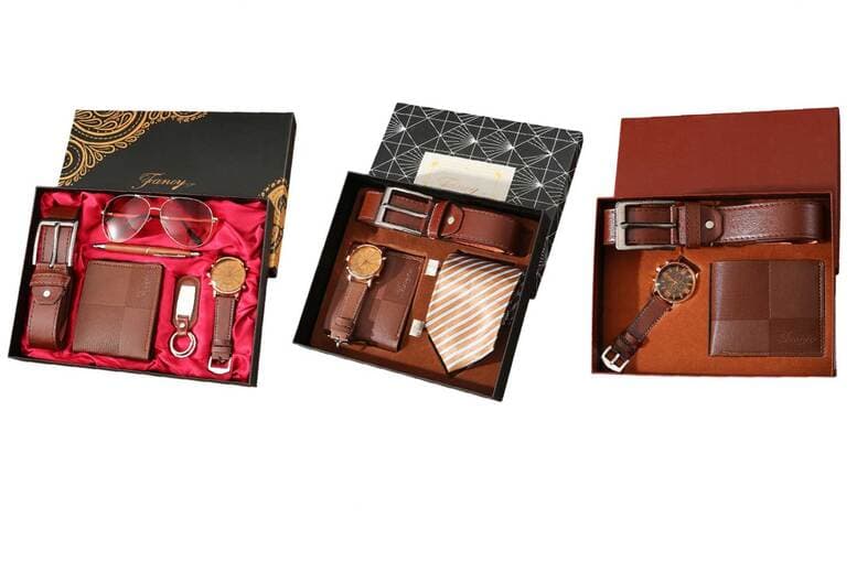 Exquisite Men'S Leather Gift Box Set With Wallet, Watch, And Accessories
