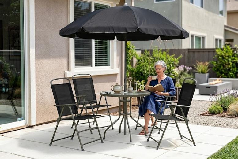 Outsunny 6-Piece Garden Set With Tempered Glass Table And Parasol - Black