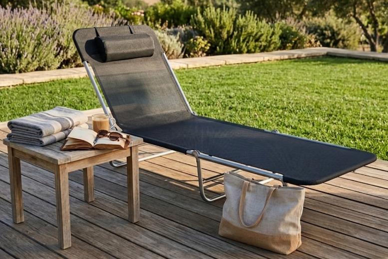Outsunny Foldable Sun Lounger - 6-Level Adjustable Reclining Garden Chair With Headrest Pillow In Black