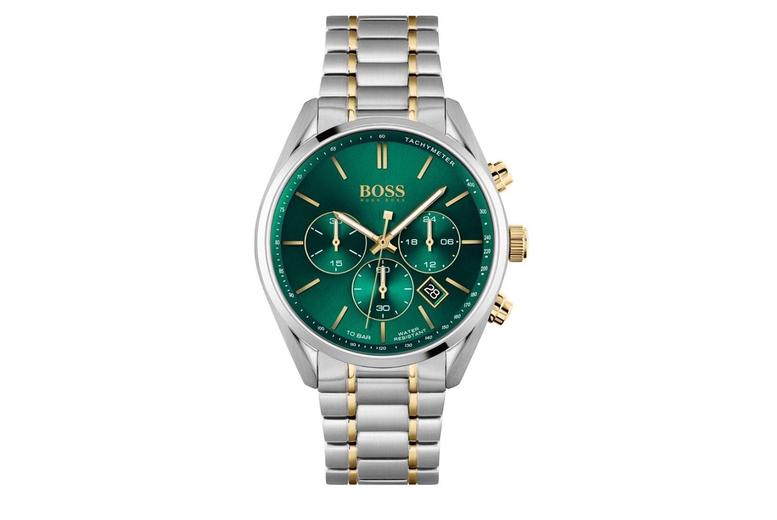 Early Bird! Men'S Hugo Boss Champion Chronograph Watch With Two-Tone Gold Pvd & Green Dial