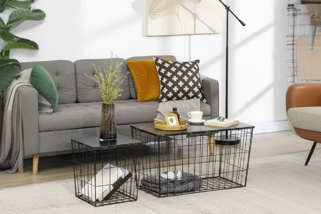 Homcom Black Marble-Effect Steel Side Table Set With Hidden Storage - Contemporary Bedroom Accent (Set Of 2)