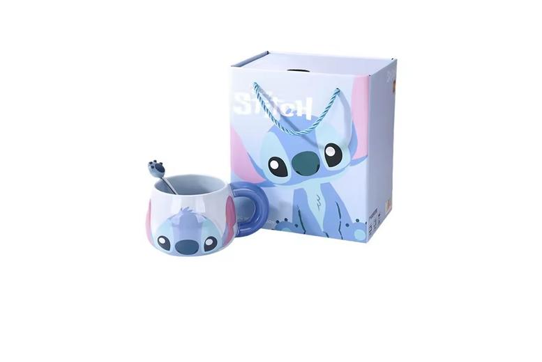 Price Drop! Ceramic Cartoon Mug & Spoon Set - 500Ml Decorative Tableware, Lilo & Stitch , Blue Or Pink