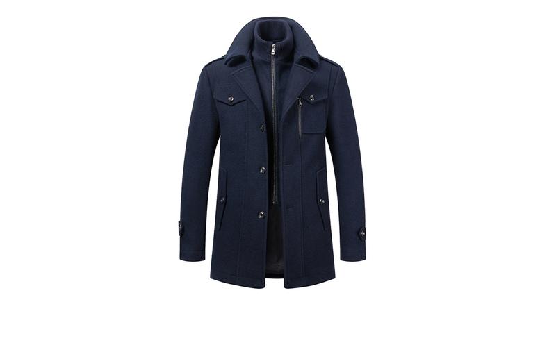 Men'S Mid-Length Wool Blend Coat - Double Collar, Smart-Casual