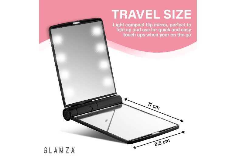 Led Makeup Mirror - Compact 8-Light Portable Beauty Mirror, Flip Design, Black Finish