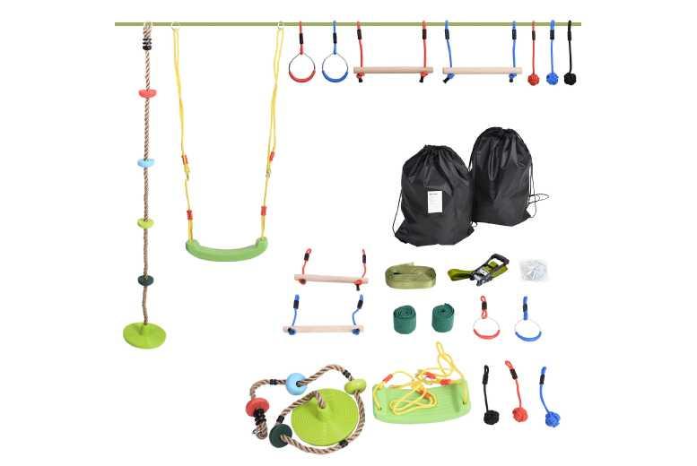 Outsunny Kids Ninja Warrior Obstacle Course Outdoor Adventure Set (Ages 5-12) - Multi-Activity Slackline, Monkey Bars, Climbing, Outdoor Play | Wowche