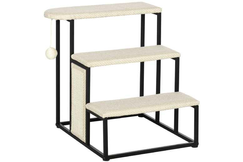 Price Drop! 3-Step Cat Stairs With Sisal Scratching Board & Interactive Toy Ball - Steel Frame, Space-Saving, 47Cm