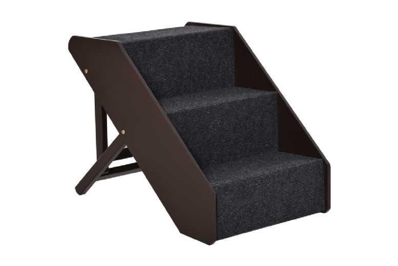 3-Step Cat Ramp For Bed - Wooden, Foldable, Adjustable Height, Paw-Friendly Carpet, Space-Saving
