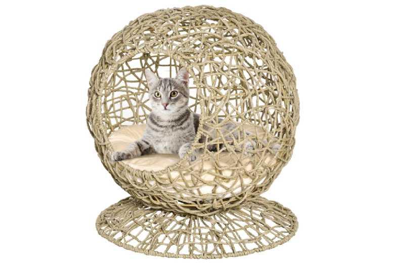 Modern Elevated Rattan Cat Bed With Cushion - Wicker Basket, Tripod Base, Cosy Enclosure, Up To 4Kg