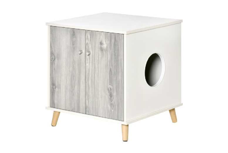 Modern Cat Litter Box Cabinet - Double Door, White Particleboard & Pine, Multi-Functional Cat Furniture