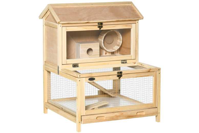 Price Drop! Wooden Hamster Cage - Multi-Level Easy Clean Enclosure For 2-3 Hamsters, Spacious Small Pet Habitat 63.5X62X78Cm