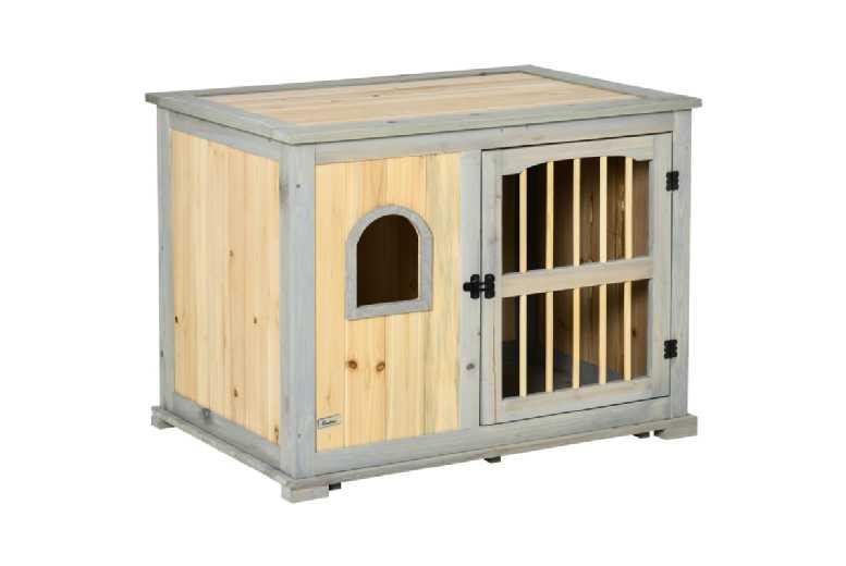 Luxury Wooden Dog Crate Table With Lockable Door - Indoor Kennel For Medium/Large Breeds, Modern Grey/Natural