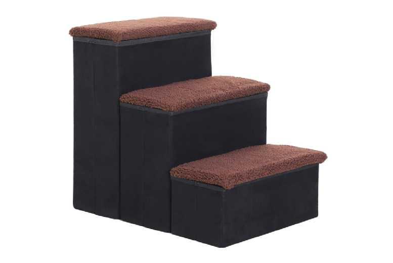 Foldable Dog Stairs For Small & Senior Pets - 3-Step Mobility Aid, Removable Fleece Cover, Sturdy Mdf, Portable, Black