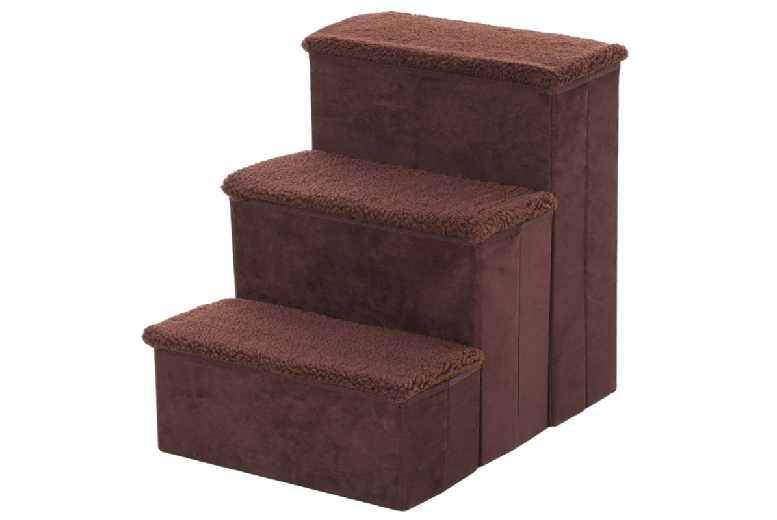 Price Drop! Foldable 3-Step Dog Stairs With Washable Fleece Cover - Mobility Aid For Small & Elderly Breeds, Brown