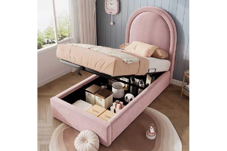 Pink Velvet 90X190Cm Children'S Bed With Hydraulic Storage Base