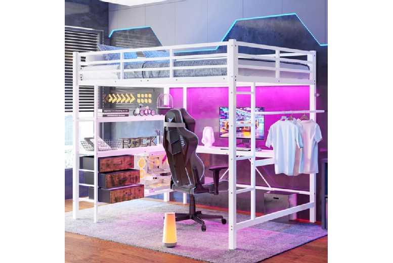 Kids L-Shaped Loft Bed 140X200Cm With Led Lights & Storage