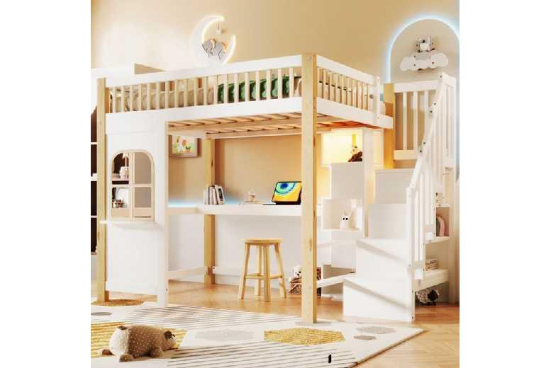 Children'S Loft Bed With Desk, Led, Storage & Ladder - Kids Bunk Bed