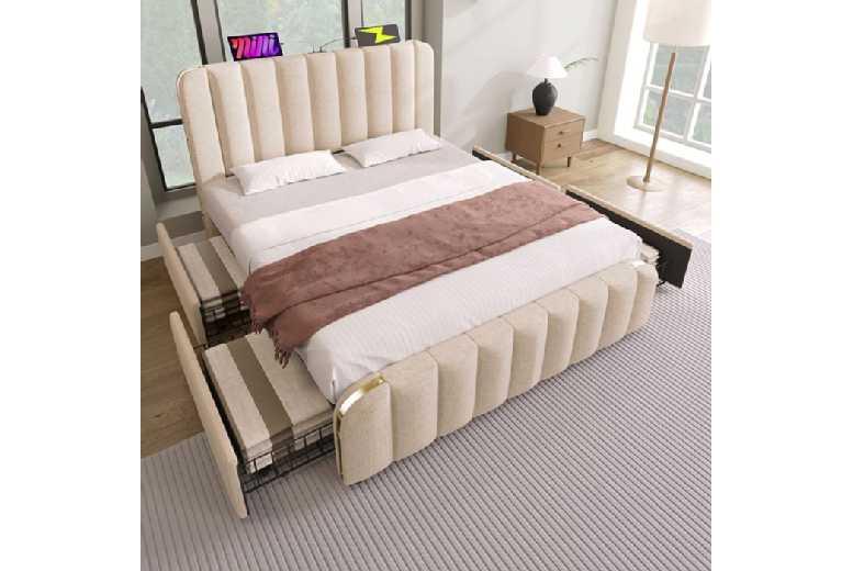 140X200Cm Beige Linen Bed Frame With 4 Drawers And Usb Charging