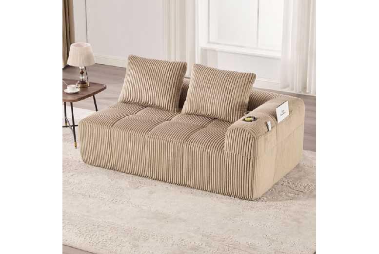 Khaki Corduroy 2-Seater Sofa With Cup Holder & Storage - Compact Modern Fabric Couch