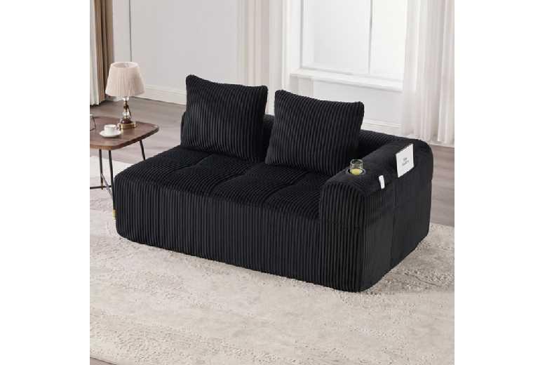 Black Corduroy 2-Seater Sofa With Cup Holder & Storage - Compact Modern Fabric Couch