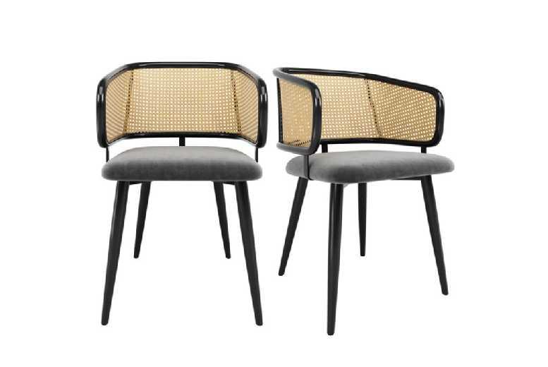 Set Of 2 Modern Rattan & Velvet Dining Chairs - Metal Frame, Ergonomic, Minimalist Style