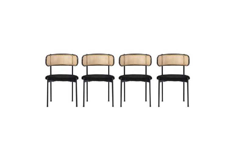 Set Of 4 Rattan & Velvet Dining Chairs - Modern Seating