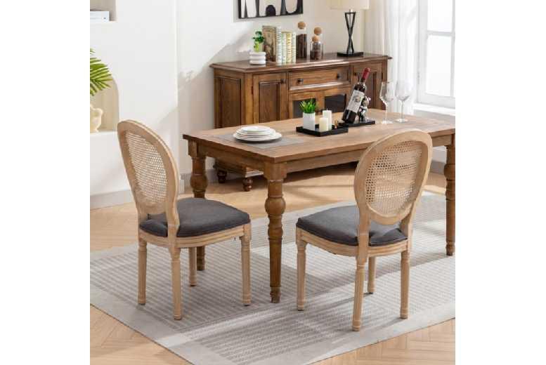 Set Of 2 Rattan & Solid Wood Dining Chairs - Medallion Style, Linen Grey