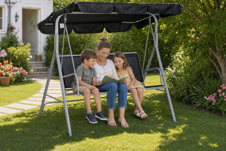 3-Seater Metal Garden Swing Chair With Adjustable Uv Canopy