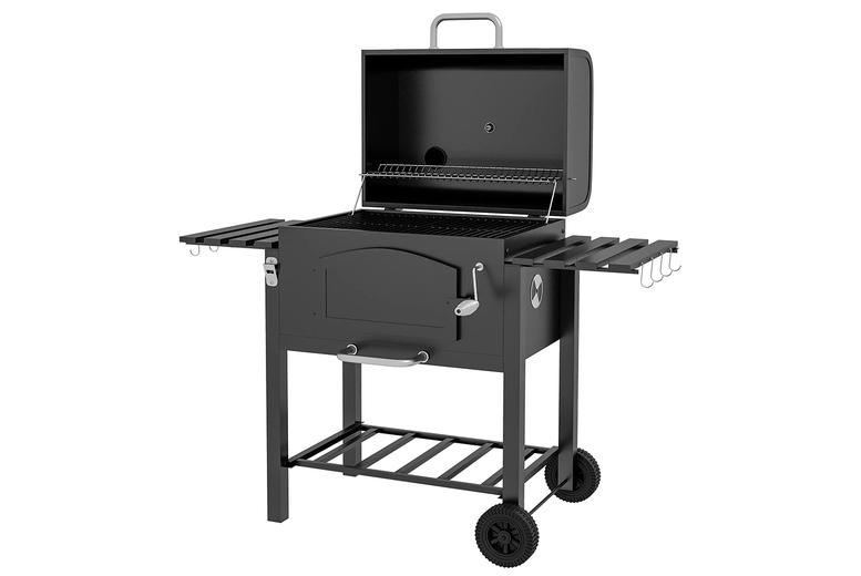Charcoal Bbq Grill Trolley With Smoker, Thermometer, Shelves & Wheels