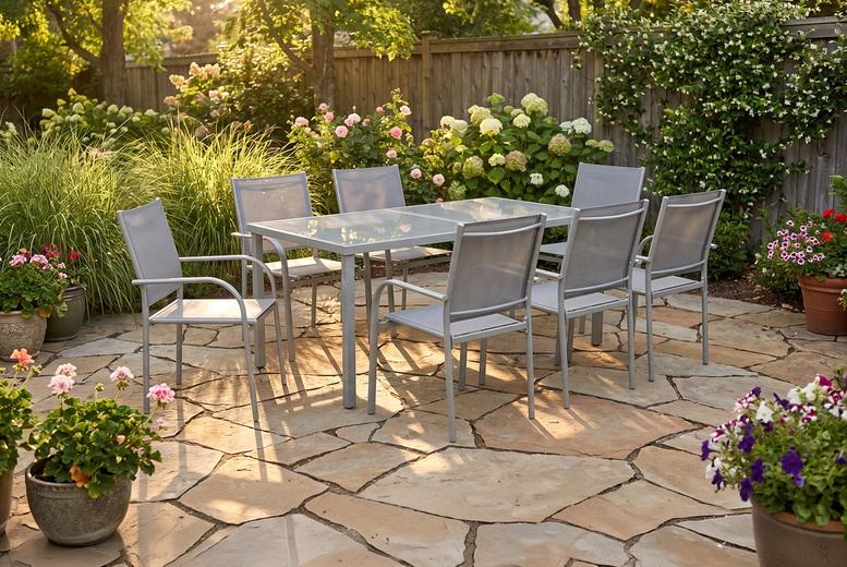 7-Piece Garden Dining Set With Glass-Top Table & 6 Stackable Chairs