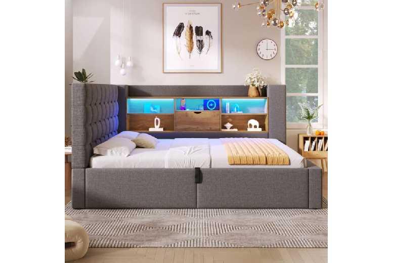 140 X 190 Cm Gray Linen Sofa Bed With Double-Level Headboard Storage And Led Lighting