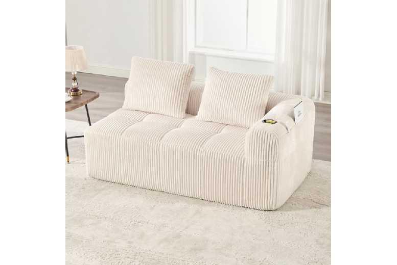 Beige Corduroy 2-Seater Sofa With Cup Holder & Storage - Compact Modern Fabric Couch