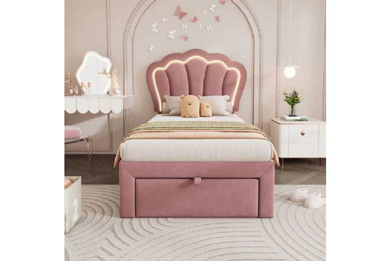 Elegant Pink Children'S Bed Frame 90X190Cm With Drawer & Led Lights