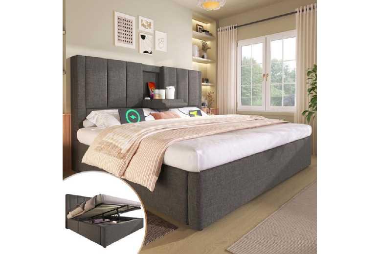 Grey Linen Padded Bed 180X200Cm With Hydraulic Storage Usb Ports And Cup Holder