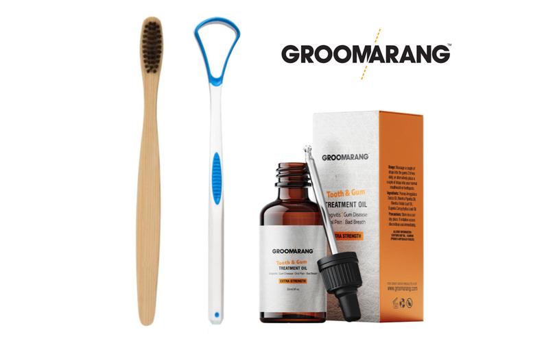 Groomerang Oral Care 3-Piece Set - Manual Toothbrush, Whitening Oil & Tongue Scraper