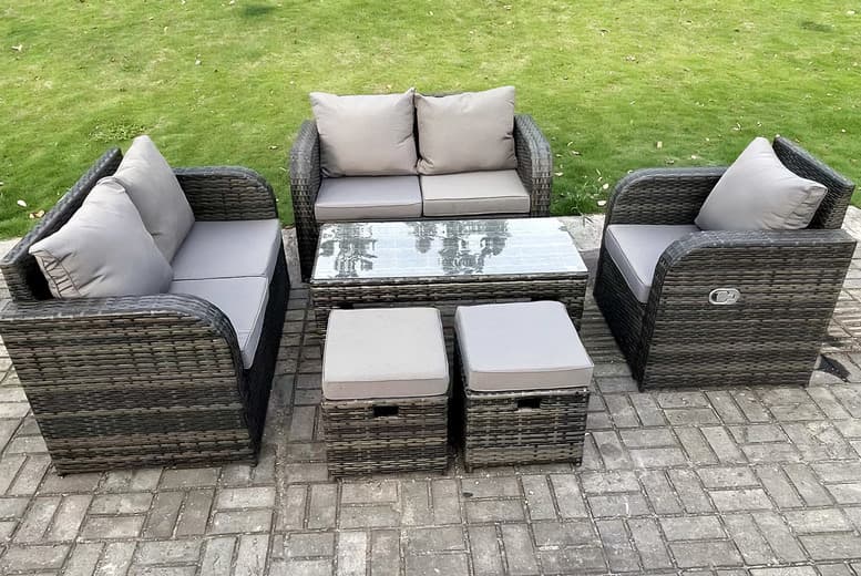 7-Seater Dark Grey Pe Rattan Reclining Garden Furniture Set - Weather-Resistant, Modern Patio Lounge