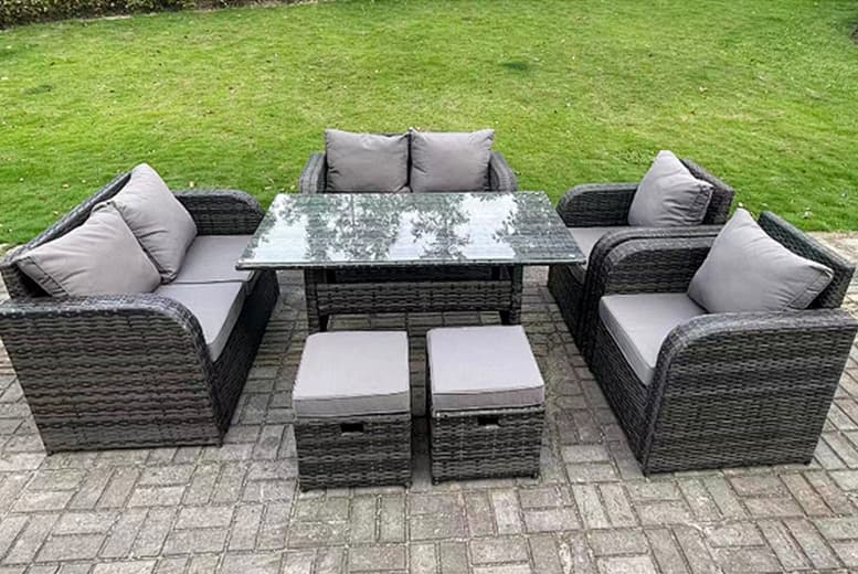 Grey 8-Seater Rattan Reclining Dining Set - Weather-Resistant, Modern Outdoor Lounge
