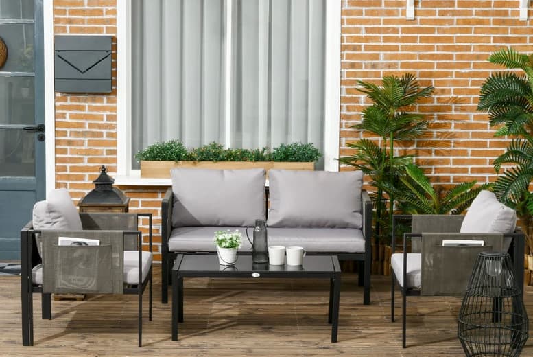 Price Drop! Deluxe 4-Piece Steel Outdoor Garden Lounge Set With Cushions & Glass Table