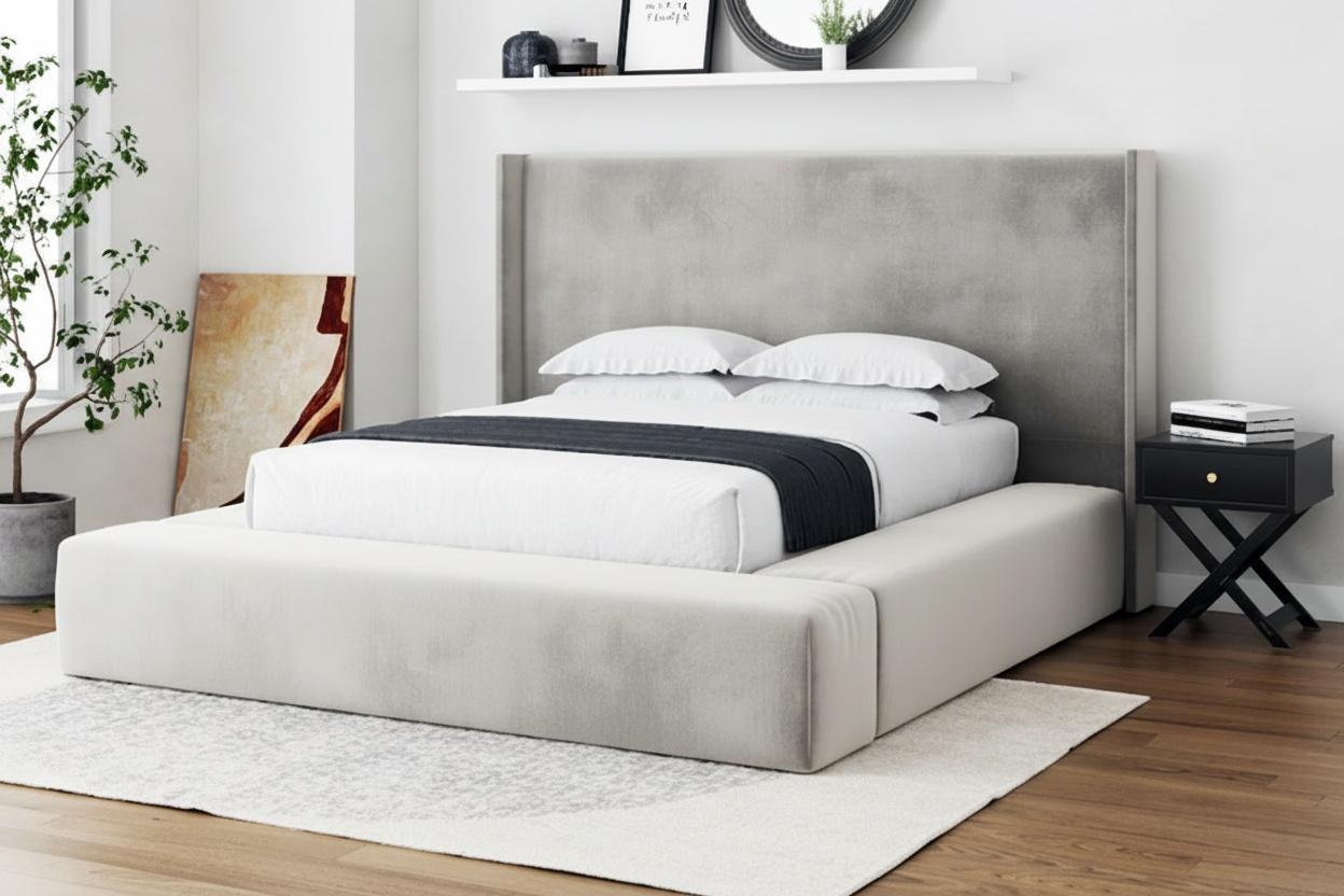 Silver Plush Wingback Bed With Storage