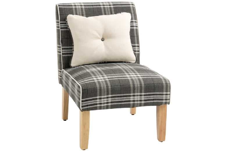 Price Drop! Modern Checked Linen Dining Accent Chair With Cushion & Solid Rubber Wood Legs, 120Kg Capacity - Grey