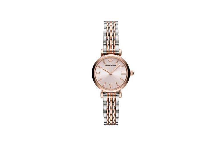 Emporio Armani Gianni T Bar Pink Dial Two-Tone Steel Strap Watch For Women