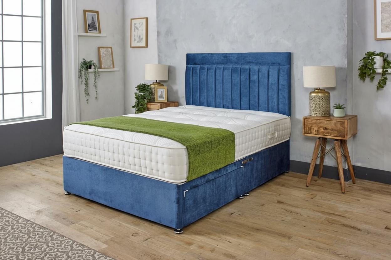 Blue Divan Bed With Storage Drawers - Premium Upholstered Divan Base (All Sizes)