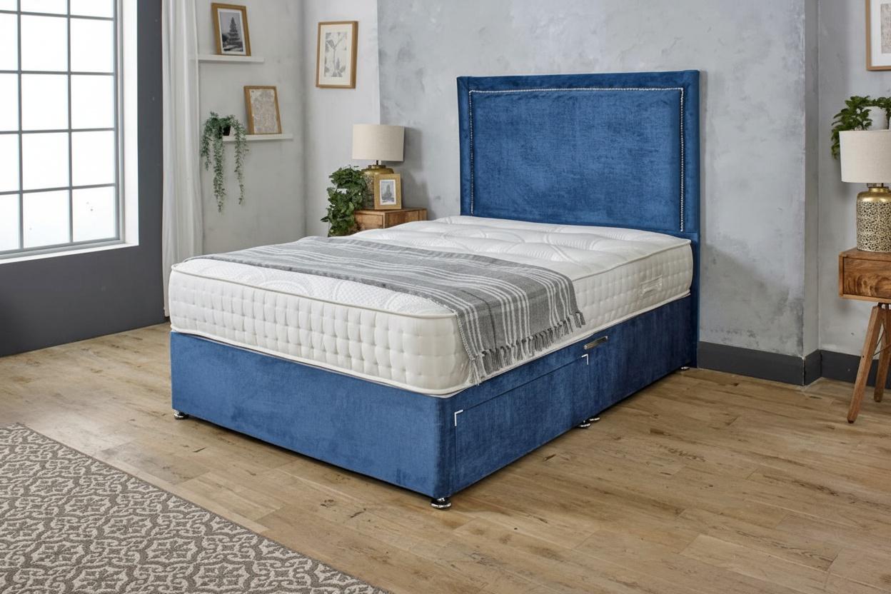 Blue Divan Bed With Storage Drawers - Premium Fabric, Multiple Sizes