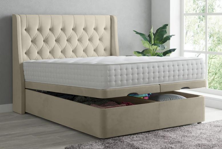 Cream Plush Wingback Ottoman Storage Bed