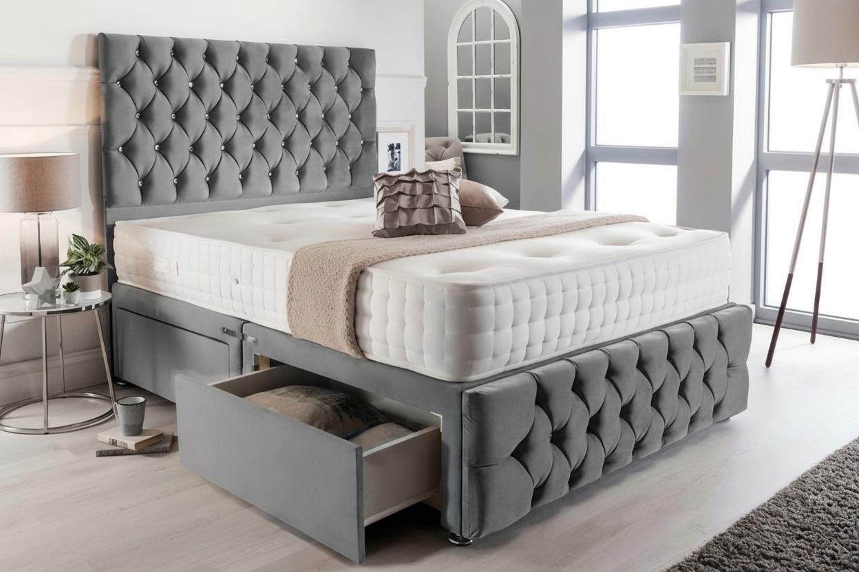 Grey Plush Ottoman Divan Bed With Storage