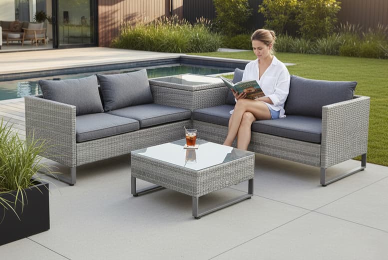 4 Piece Rattan Wicker Sofa Set With Large Table & Storage Box - Grey