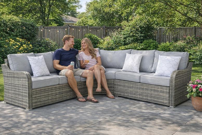 Early Bird! Valletta Rattan Corner Sofa Set With Adjustable Dining Table & Armchairs